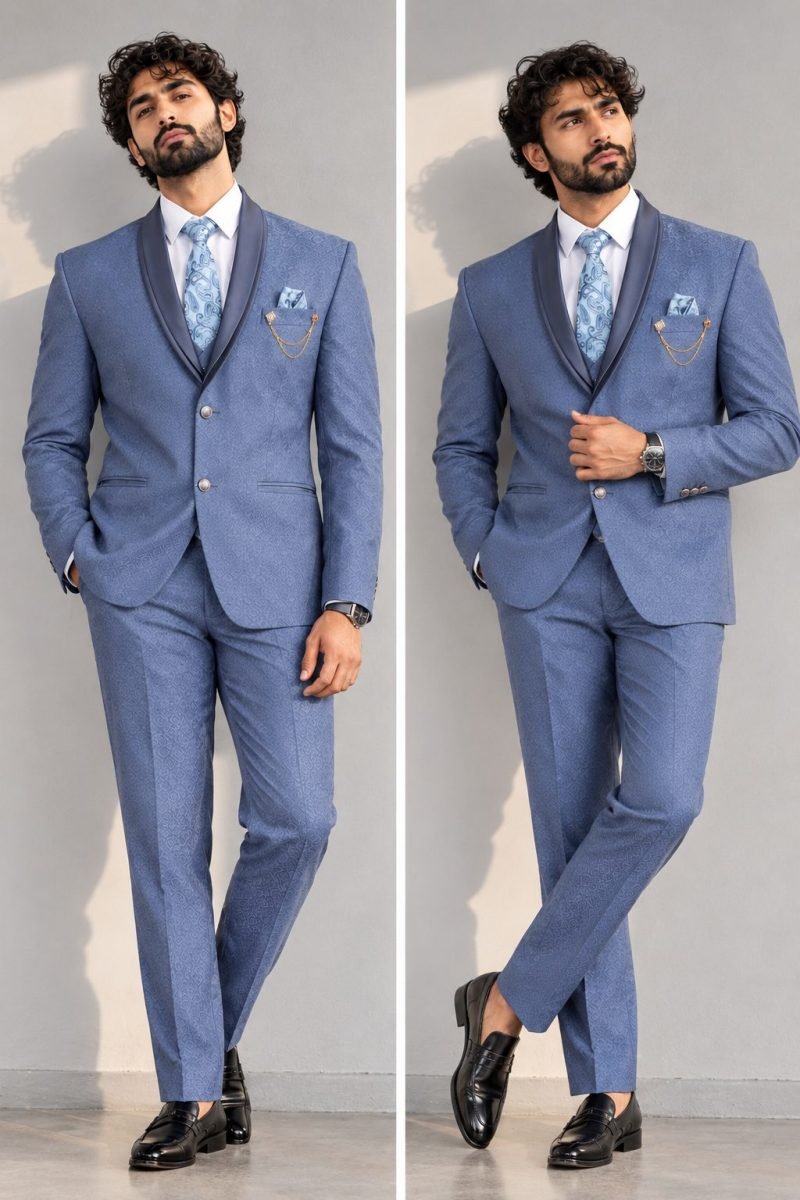 Royal Steel Blue Designer 3-Piece Suit with Brooch & Tie