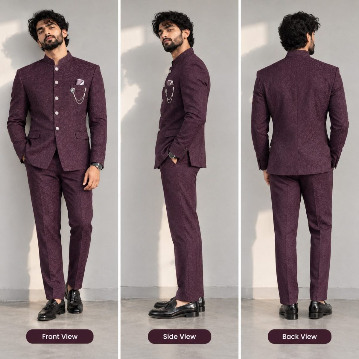 Deep Plum Self-Patterned Royal Jodhpuri Suit for Men