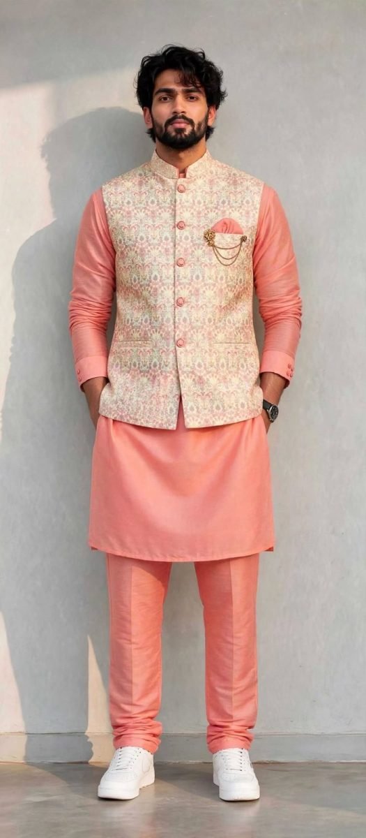 Peach Colour Kurta Pajama With Cream  Printed Florel Nehru Jacket Set (3-Piece Set)