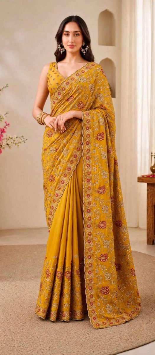 Heavy Embroidered Party Wear Saree / Haldi Function Saree