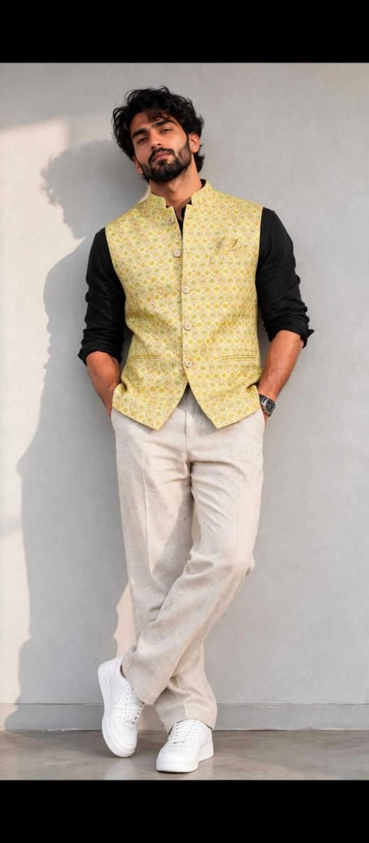 Men’s Yellow Cream Printed Nehru Jacket – Sleeveless Ethnic Waistcoat
