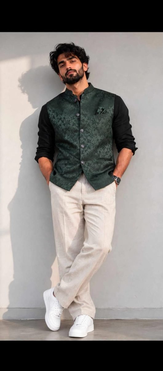 Men’s Dark Green Floral Printed Nehru Waistcoat