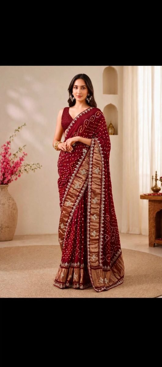 Women’s Maroon Bandhani Style Saree with Golden Border