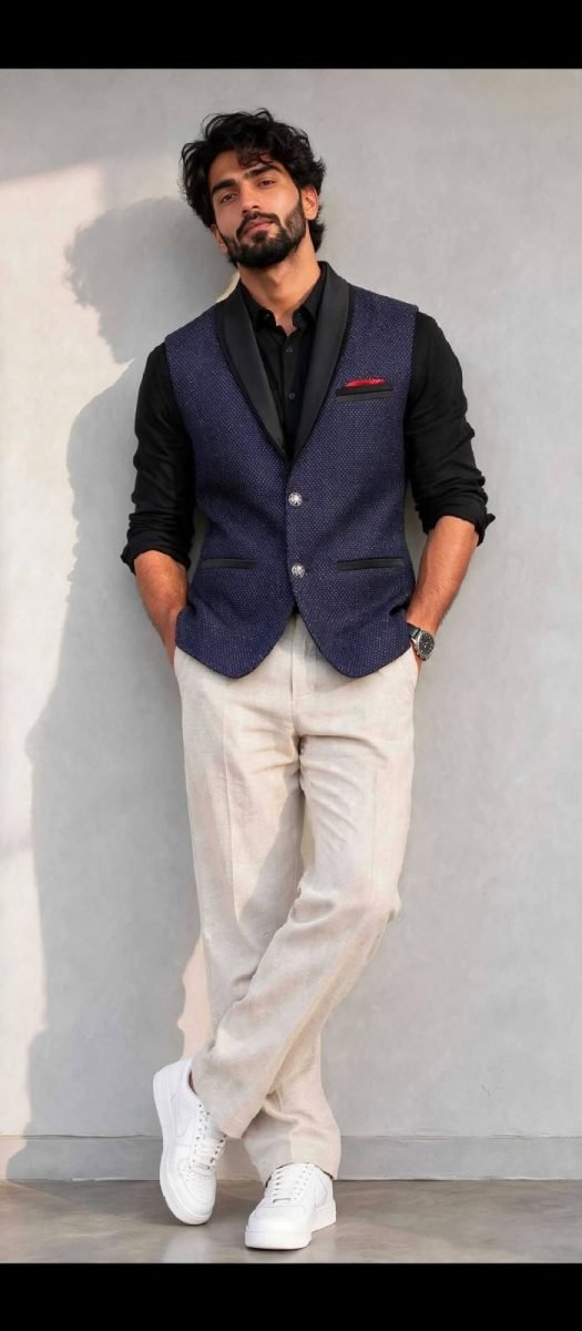 Men's Navy Blue Dotted Shawl Lapel Waistcoat / Sadri Jacket