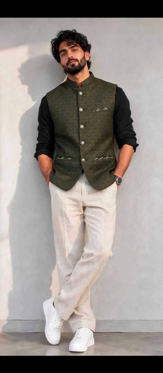 Men's Olive Green Printed Jacquard Nehru Jacket