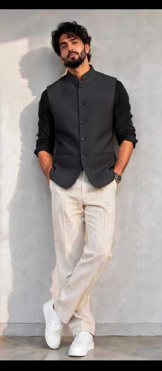 Men's Charcoal Black Solid Nehru Jacket - Slim Fit Formal Waistcoat