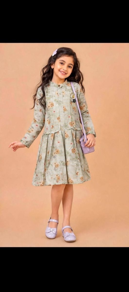 Girls Sage Green Floral Printed Frill Frock - Knee Length Party Wear Dress