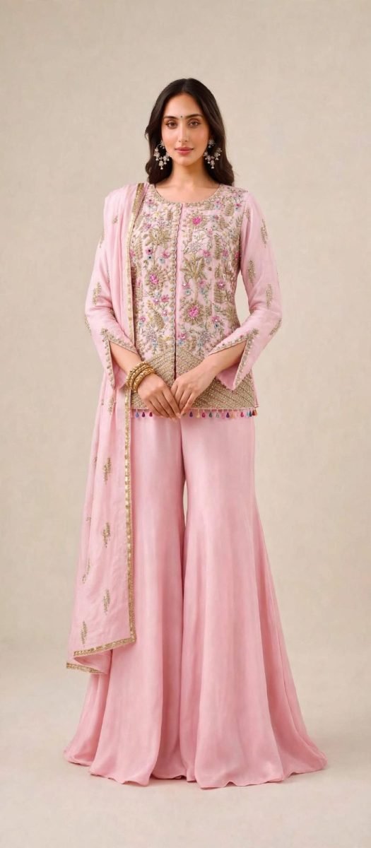 Baby Pink Heavy Embroidered Jacket Sharara Set with Dupatta