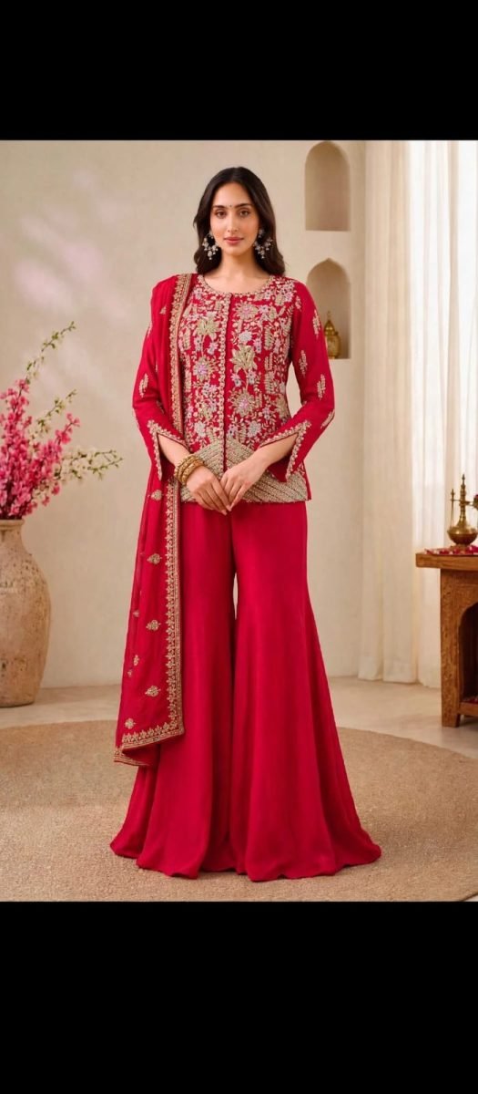 Cherry Red Heavy Embroidered Jacket Sharara Set with Dupatta