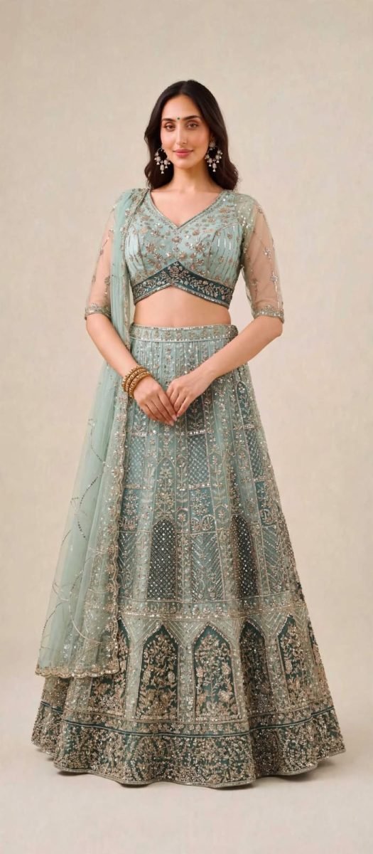 Mint Green Heavy Embroidered Net Lehenga Choli with Dupatta