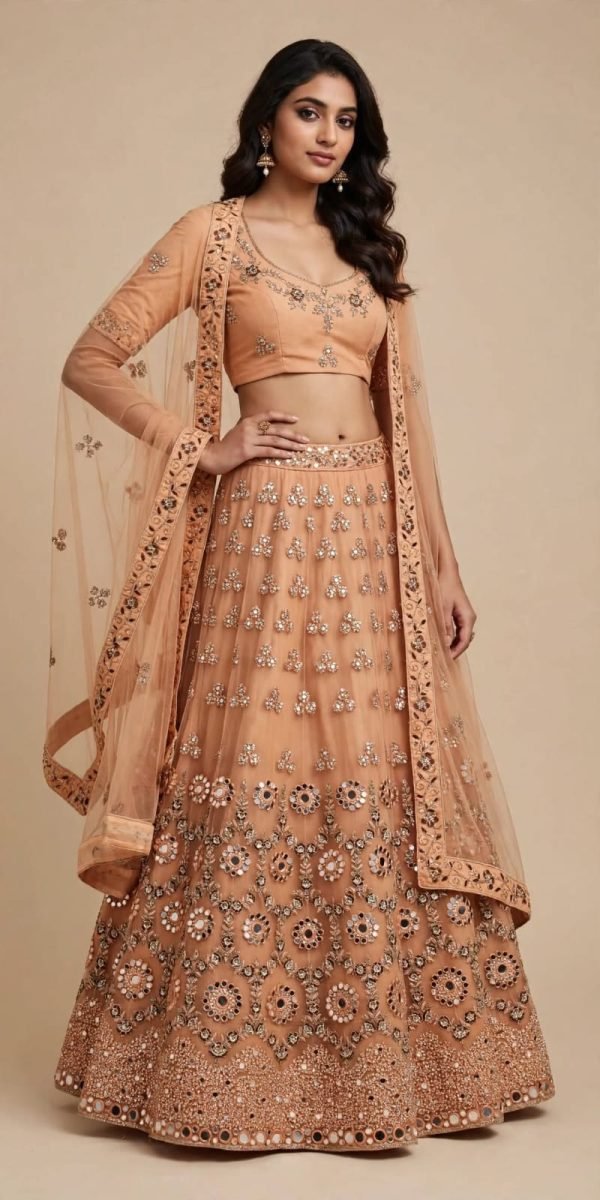 Peach Mirror Work Heavy Embroidered Lehenga Choli with Dupatta