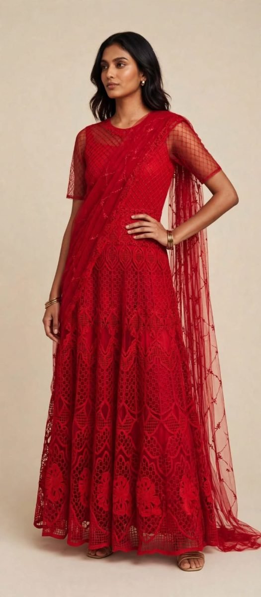 Red Crochet Lace Embroidered Anarkali Gown with Dupatta