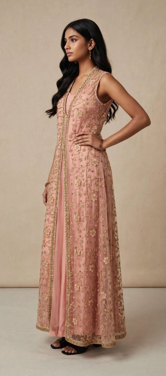 Peach Pink Zari Embroidered Shrug Style Anarkali Gown