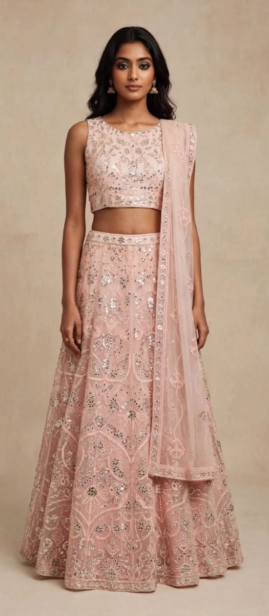 Baby Pink Mirror Sequins Embroidered Lehenga Choli with Dupatta