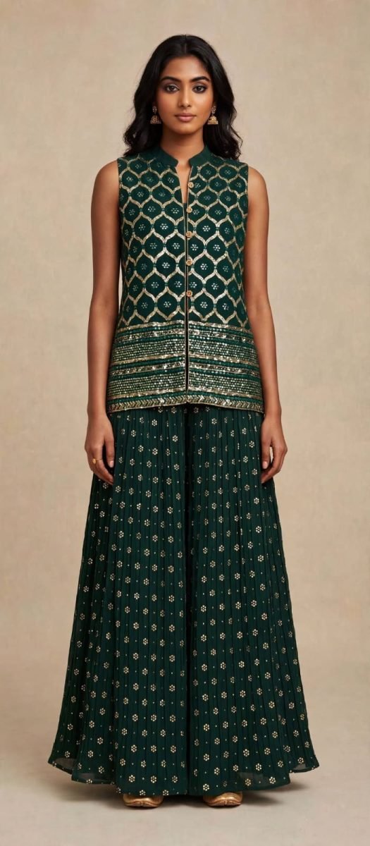 Bottle Green Zari Embroidered Jacket Palazzo Set