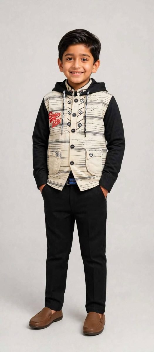 Cream Black Striped Hooded Nehru Jacket Set for Kids