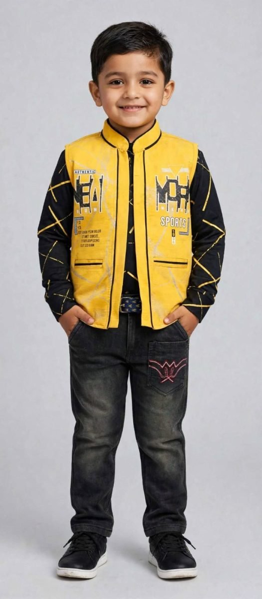 Mustard Yellow Black Printed Nehru Jacket Set with Jeans