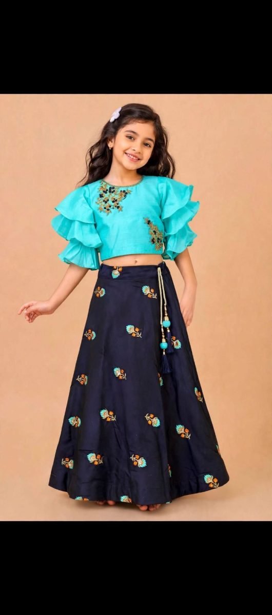 Girls Aqua Ruffle Sleeve Choli & Navy Blue Lehenga Set