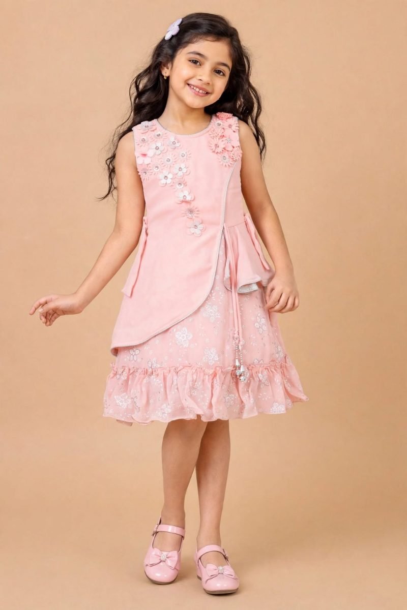 Baby Pink 3D Floral Applique Party Frock