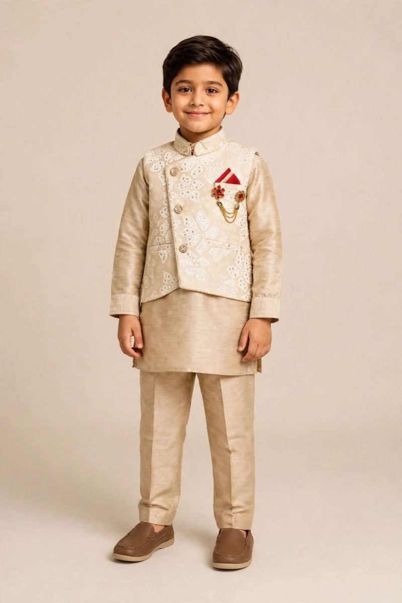 Beige Gold Floral Embroidered Waistcoat with Kurta Pant Set