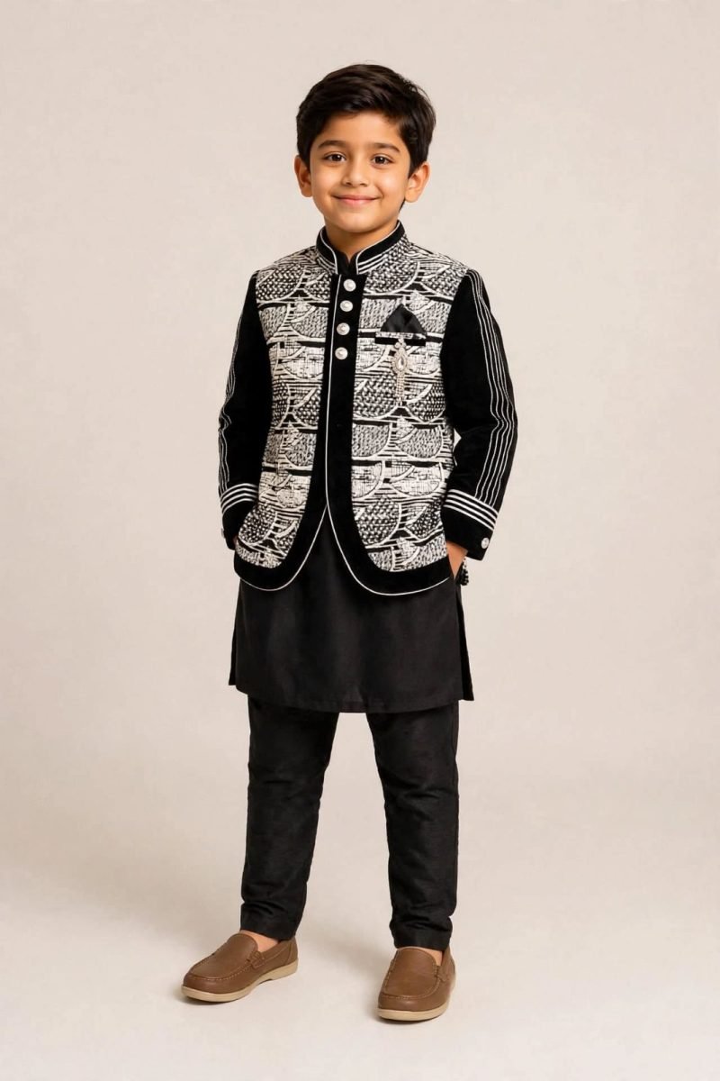 Black White Semicircle Jacquard Indo Western with Black Kurta Pant Set