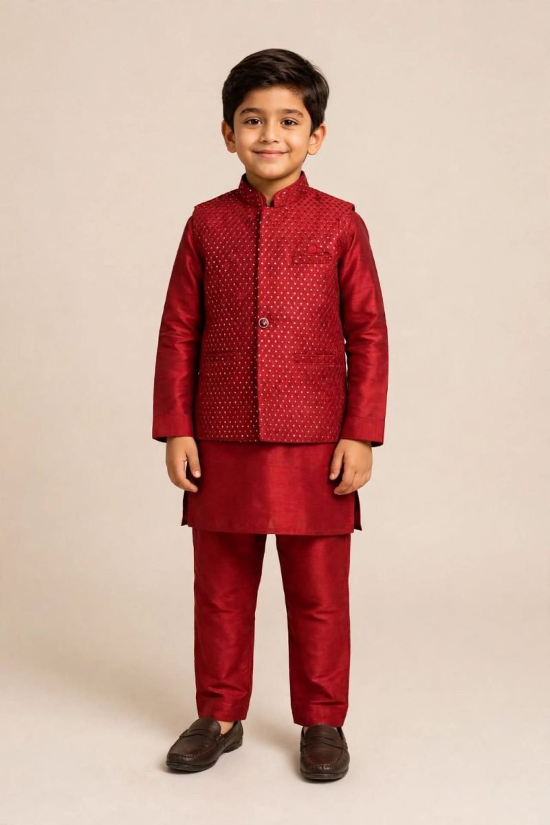Boys Ruby Red Sequin Dotted Nehru Jacket Kurta Pajama Set