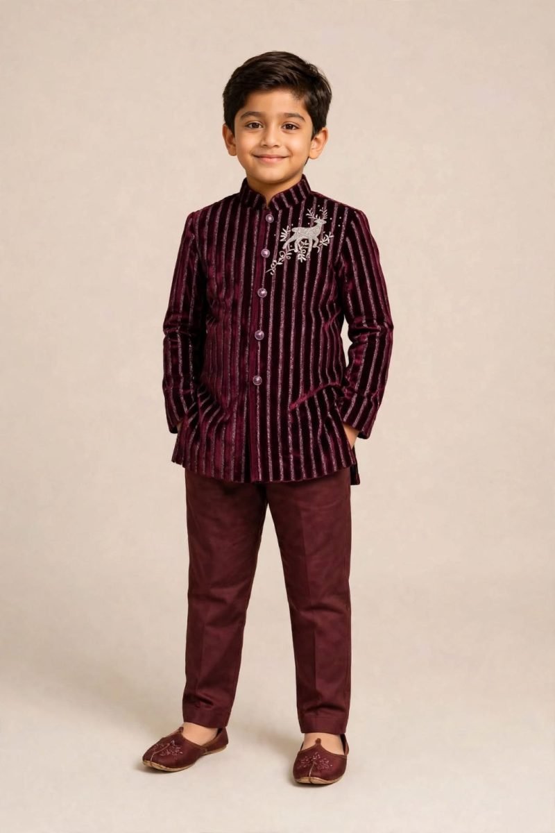 Boys Wine Velvet Striped Kurta Pajama with Deer Embroidery
