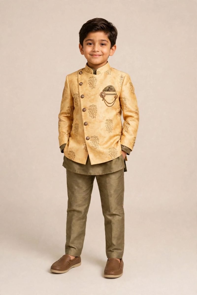 Boys Mustard Printed Bandhgala Jodhpuri Suit with Olive Kurta Pajama