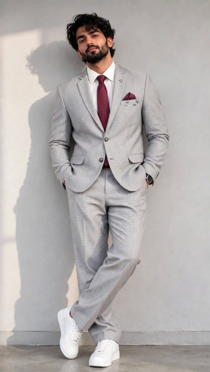 Vandana Light Grey Dot 5-Piece Formal Coat Suit Set