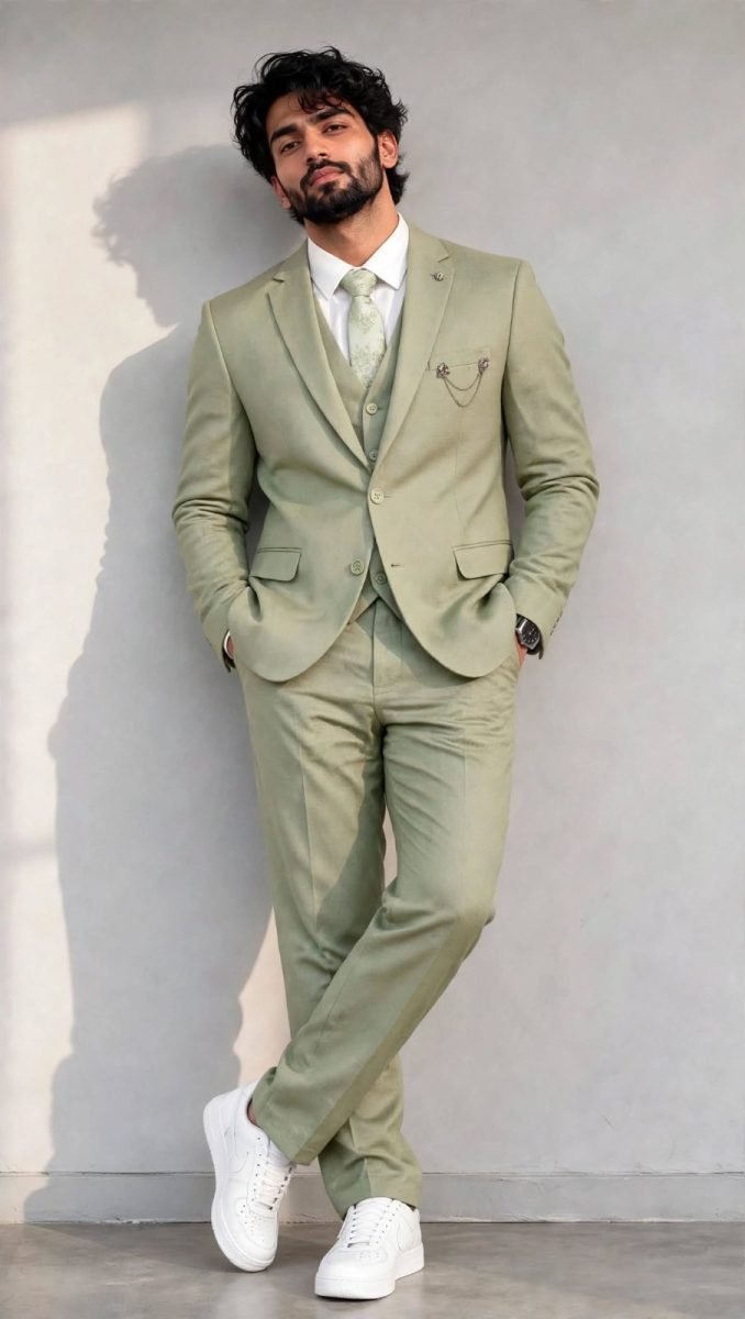 Pista Green Solid 5-Piece Premium Coat Suit Set