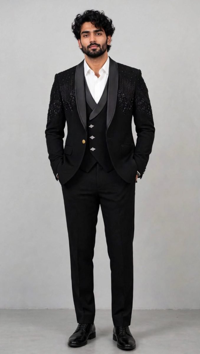 Black Heavy Bead Floral Embroidery Designer Tuxedo 5-Piece Suit Set