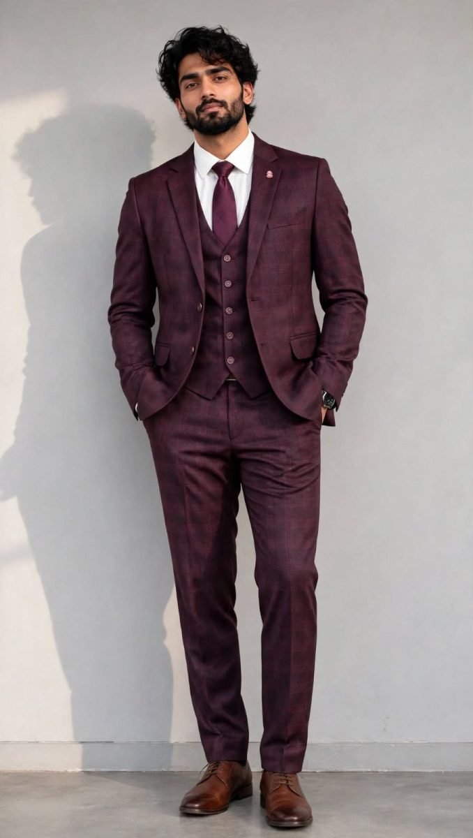 Wine Plum Check 5-Piece Formal Business Suit Set