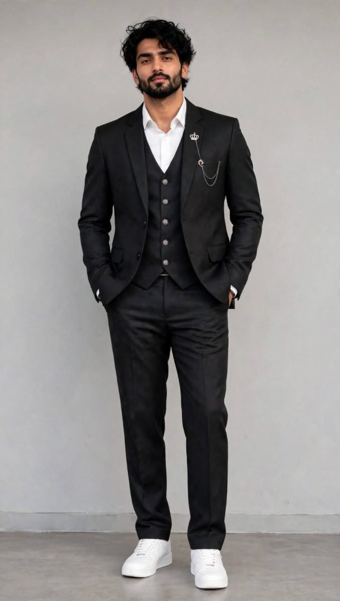 Men's Jet Black Solid 3-Piece Formal Coat Suit Set with Crown Chain Brooch