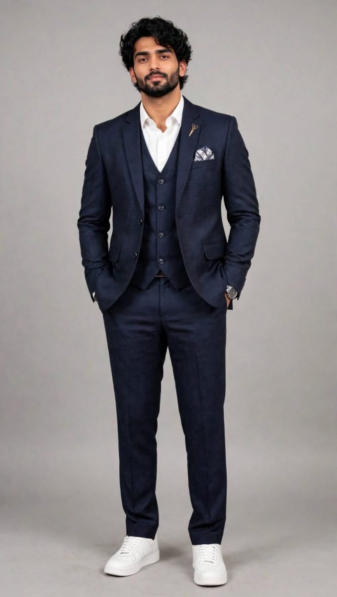 Navy Blue Dotted Textured 3-Piece Formal Coat Suit with Scissor Lapel