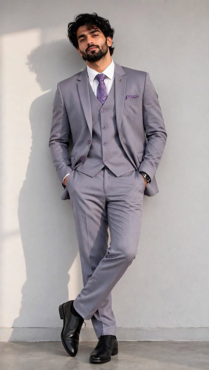 ClubView Light Lavender Grey Solid 5-Piece Formal Coat Suit Set with Purple Paisley Tie