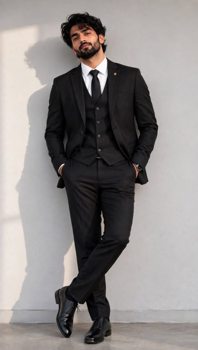 Men's Jet Black Solid 5-Piece Formal Coat Suit Set - 2 Button