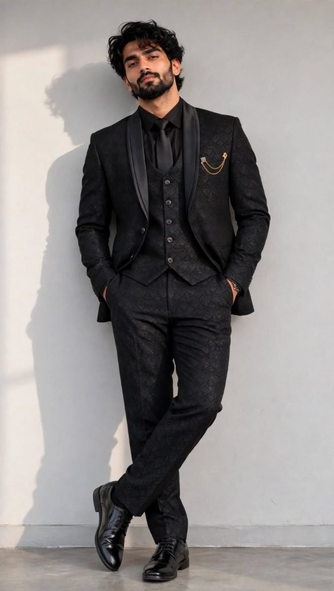 Men's Jet Black Diamond Jacquard Shawl Lapel 5-Piece Tuxedo Suit Set