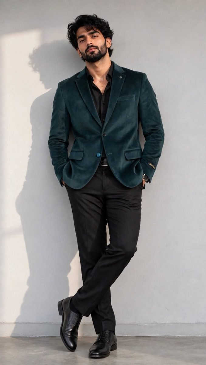 Black Jack Bottle Green Velvet Designer Blazer - Single Button