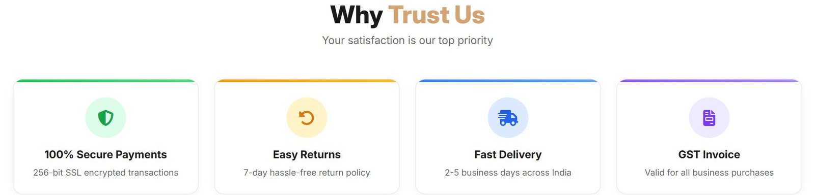 Secure payment, easy returns and fast delivery — what the store promises.