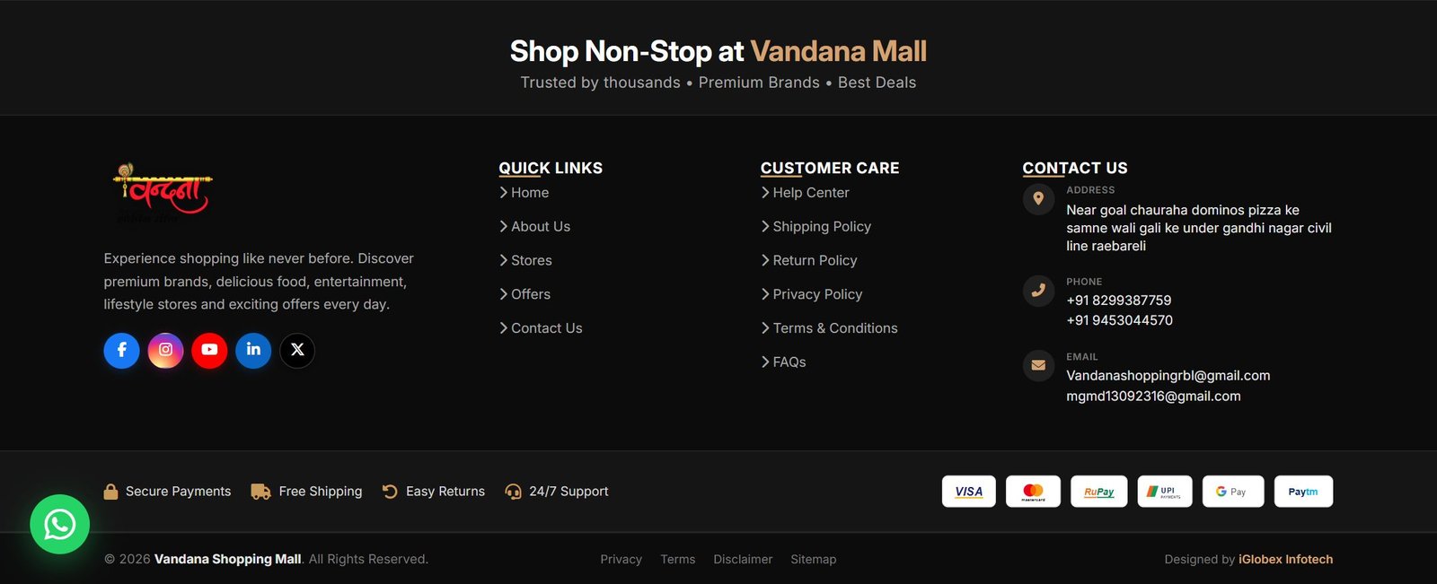 The footer — Quick Links, User Care (help, shipping, returns, privacy, terms) and the shop address and phone number.