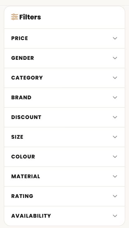 Filters — price, gender, category, brand, discount, size, colour, material, rating and availability.