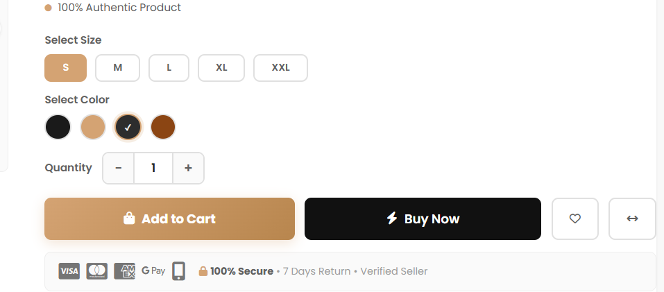 Select Size and Select Color — a size that is out of stock cannot be picked.