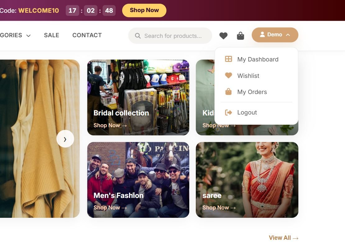 Clicking it opens the account menu — My Dashboard, Wishlist, My Orders and Logout.