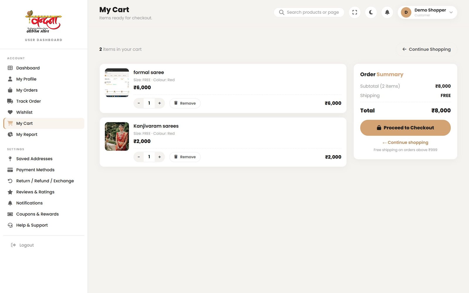 My Cart — the size, colour, price and quantity of each item, with the order summary on the right.