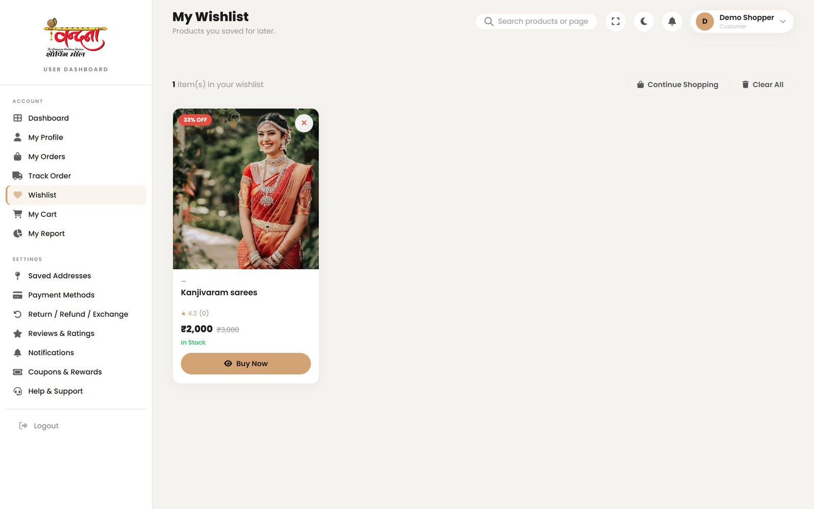 The wishlist page — move things into the cart or take them off the list.