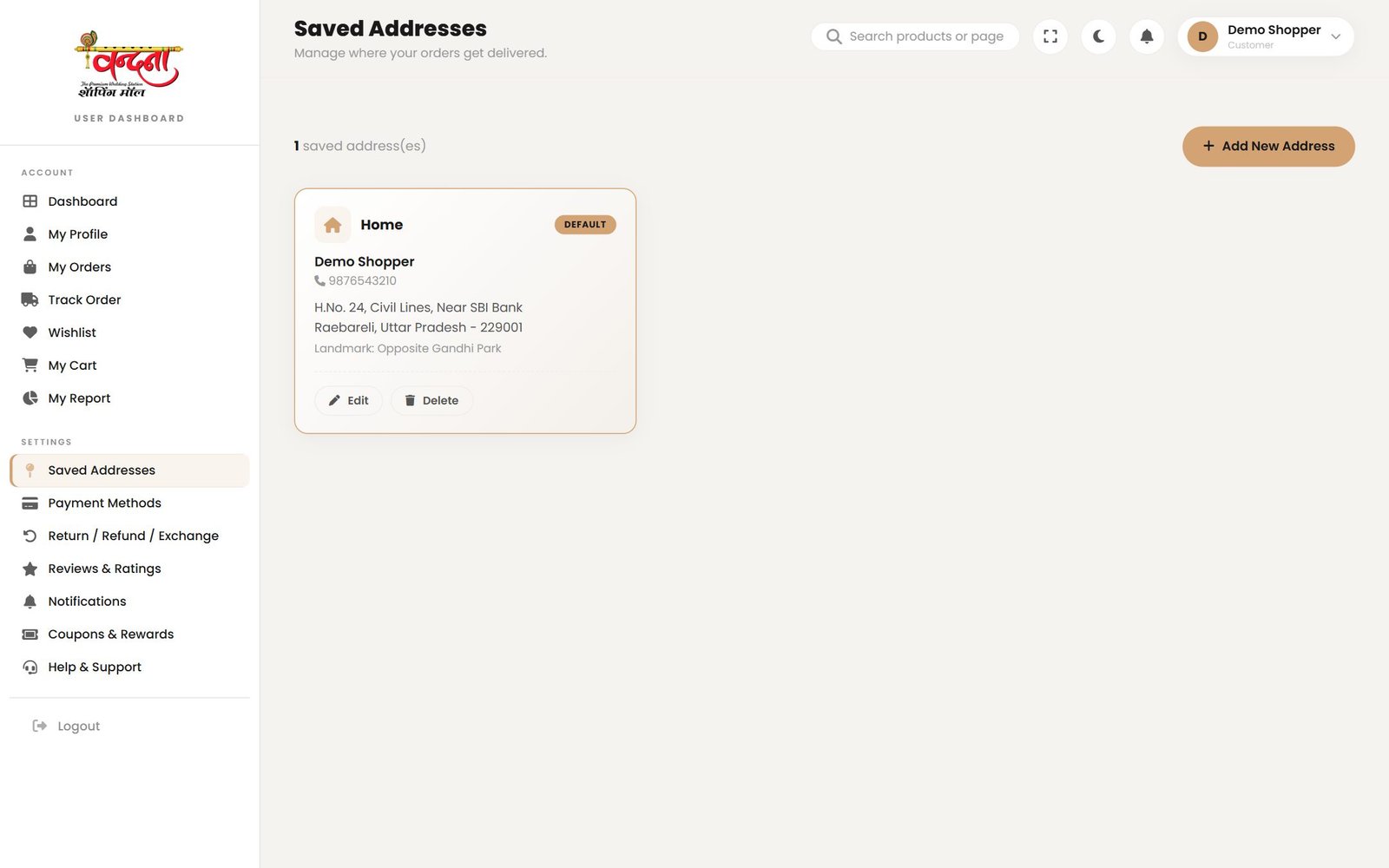 The saved address card, which you can edit or delete from here.