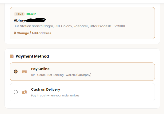 Two options — pay online by UPI, card, net banking or wallet, or cash on delivery.
