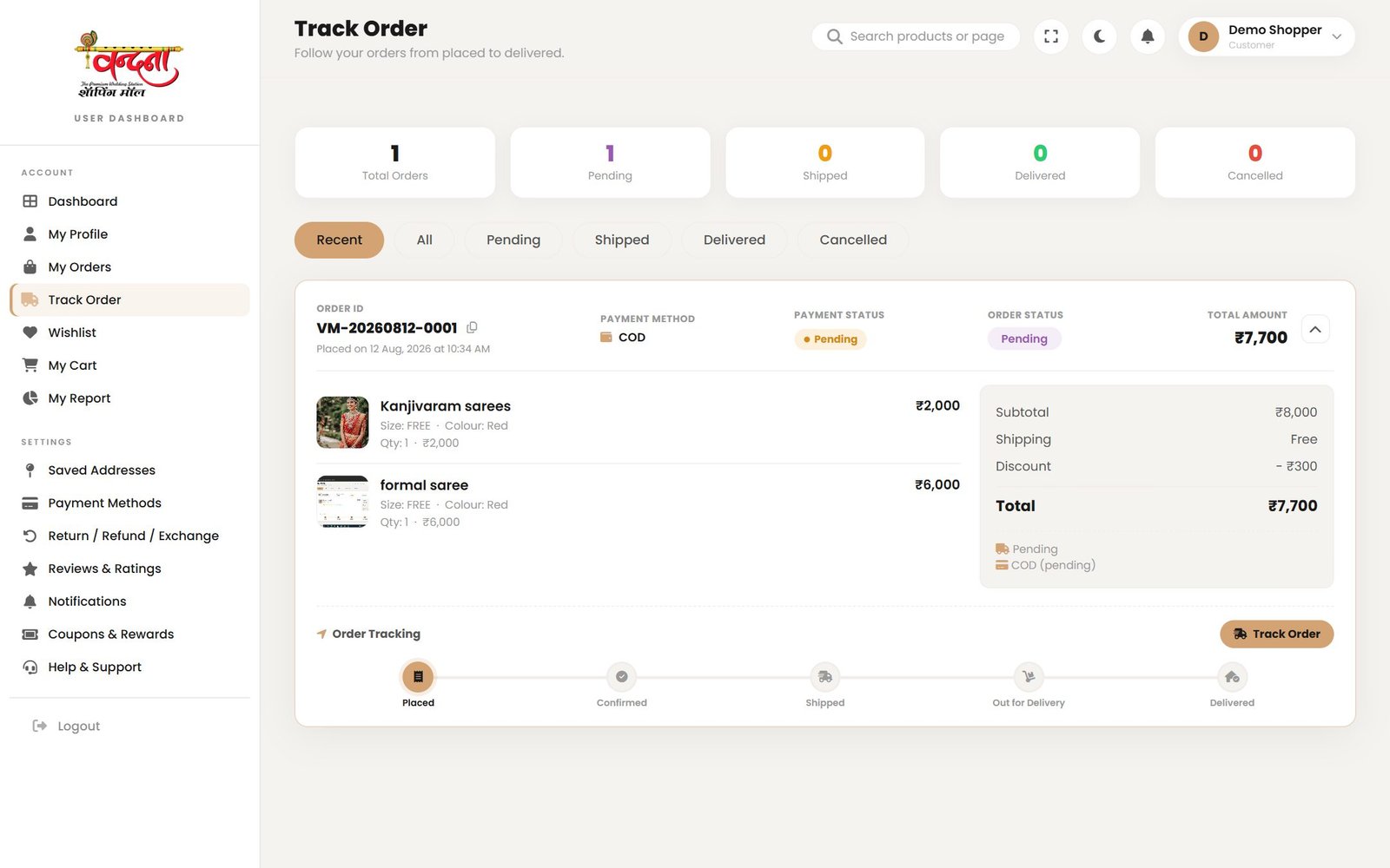 Details shows the full timeline — confirmed, packed, dispatched and delivered.