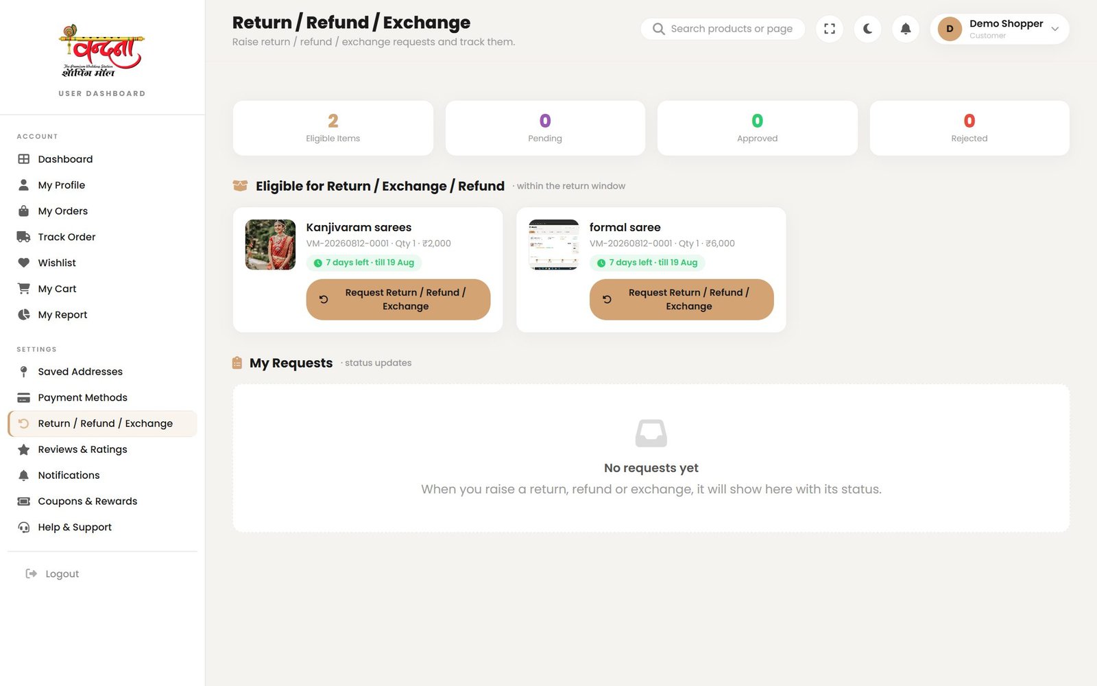 The returns page lists everything still eligible, with the days remaining on each.