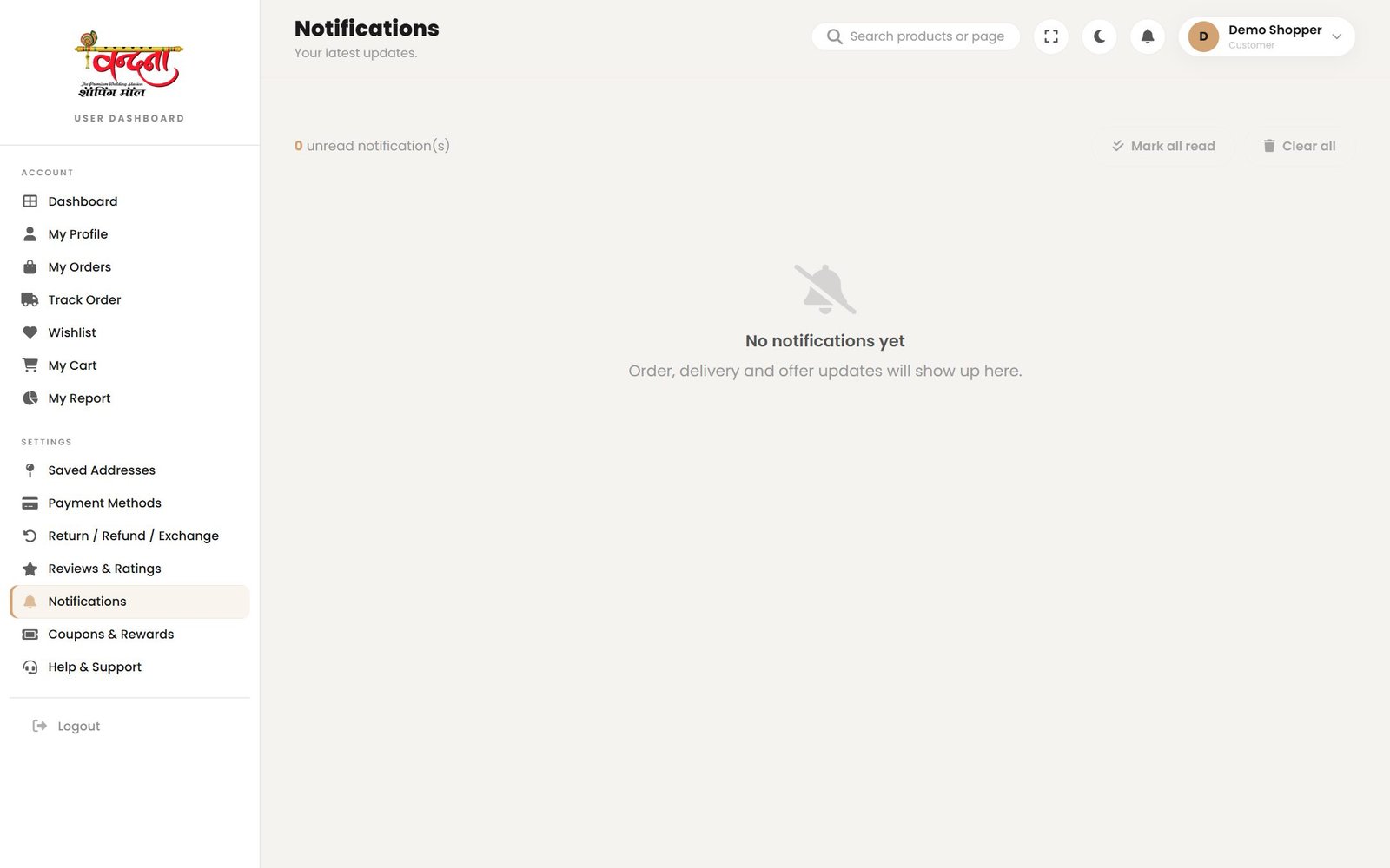 Order updates and offers, with Mark all read and Clear all to tidy up.